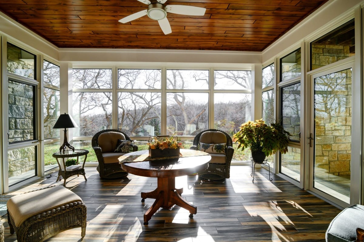 sunroom addition in manhattan kansas with wood accent ceiling